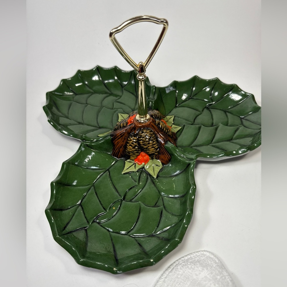 Holly Leaf Design Green Serveware Tray 3 compartment holiday Christmas dish - Picture 2 of 11